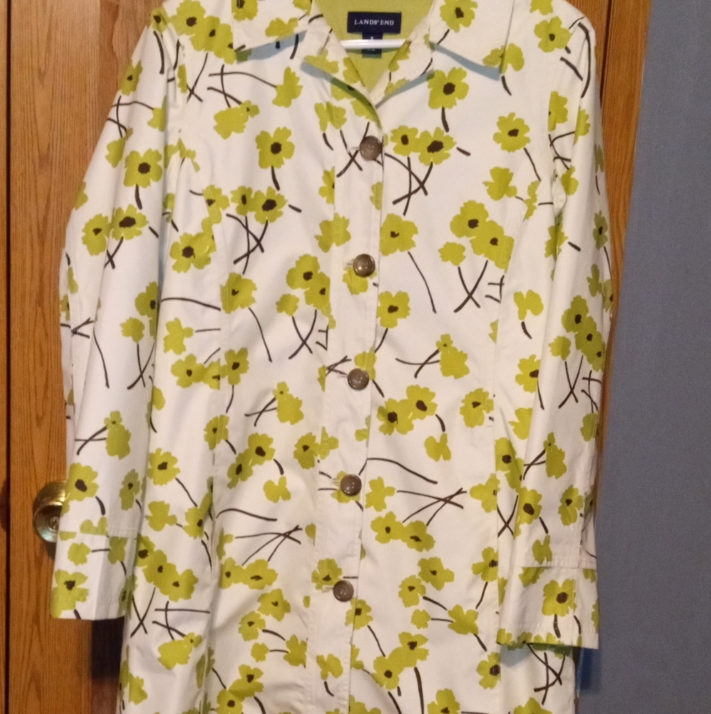 Small Lands End Ladies Long Microfiber Waterproof Coat Green Poppies 6/8